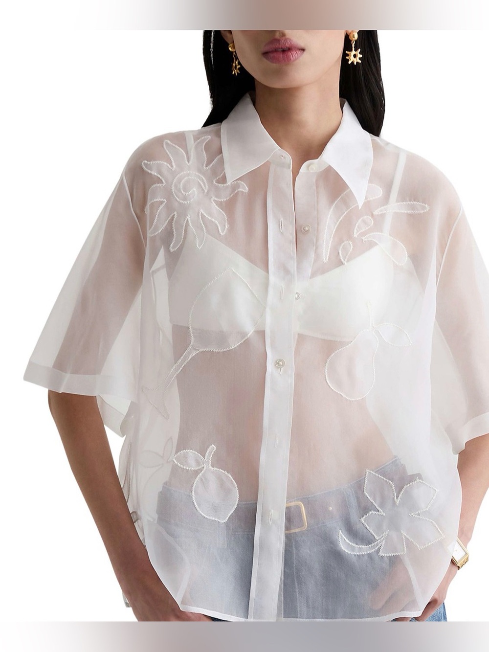 Los Angeles Apparel Sheer White Embroidered Button-Down Shirt